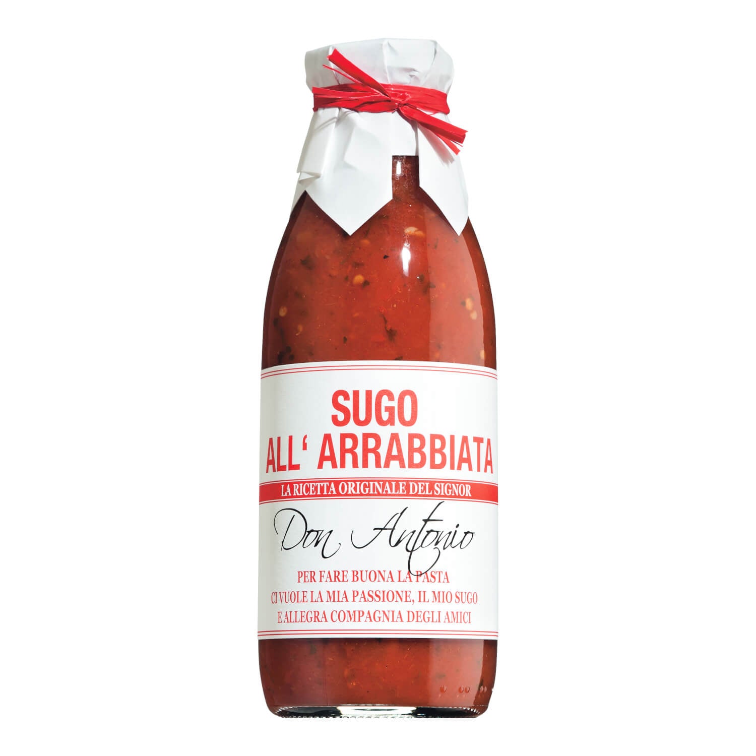 Ein Glas Don Antonio srl Sugo all'Arrabbiata - eine aromatische Tomatensauce mit Chili - mit weißem Etikett und roter Aufschrift.