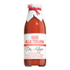 Ein Glas mit Sugo alla Toscana - Tomatensauce mit Knoblauch von Don Antonio srl, mit weißem und rotem Etikett und gebundenem Papierdeckel.