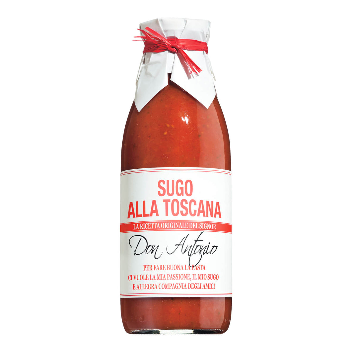 Ein Glas mit Sugo alla Toscana - Tomatensauce mit Knoblauch von Don Antonio srl, mit weißem und rotem Etikett und gebundenem Papierdeckel.