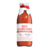 Glasgefäß von Don Antonio srl Sugo alla Bolognese - Tomatensauce Bolognese, mit weißem Etikett und verschlossen mit Papier und rotem Band.