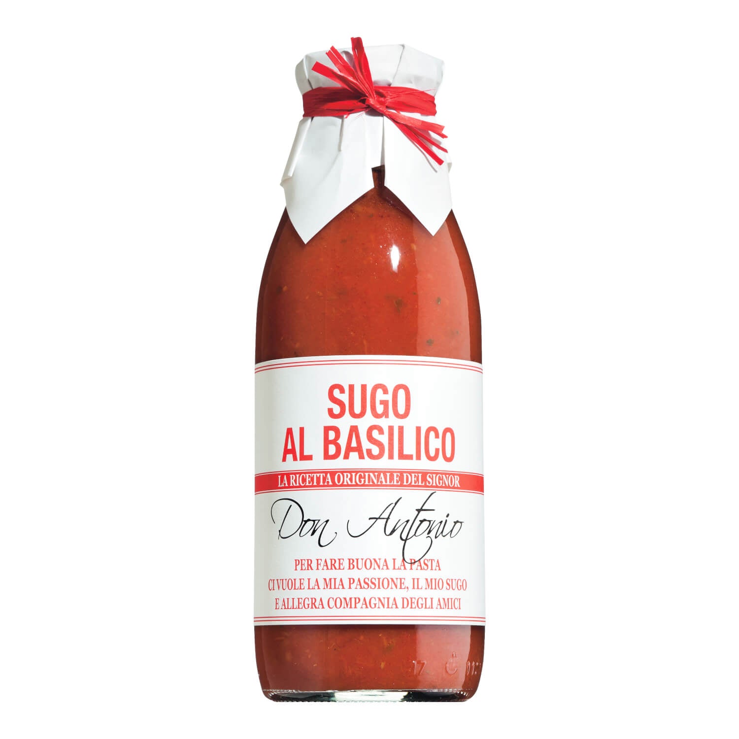 Ein 480-ml-Glas mit dem Sugo al Basilico von Don Antonio srl mit weißem und rotem Etikett und weißem Papierdeckel.