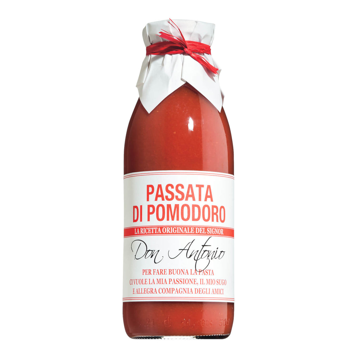 480-ml-Glasflasche mit weißem Etikett und roter Aufschrift für Don Antonio Passata di Pomodoro, eine aromatische Tomatenbasis für Saucen.