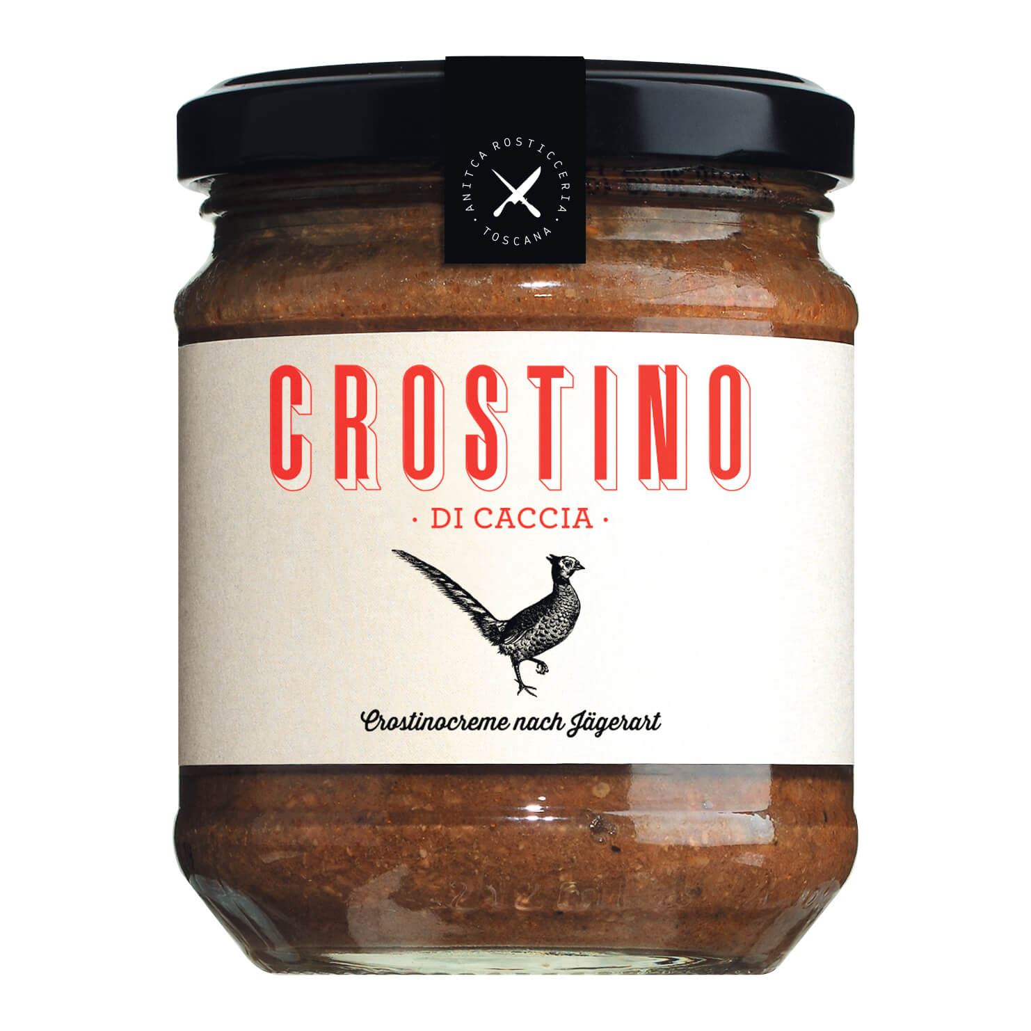 Eine 180g Dose Wildspezialitäten Crostinicreme aus der Toskana mit Wild & Fasan, mit einer Fasanenillustration auf dem Etikett.