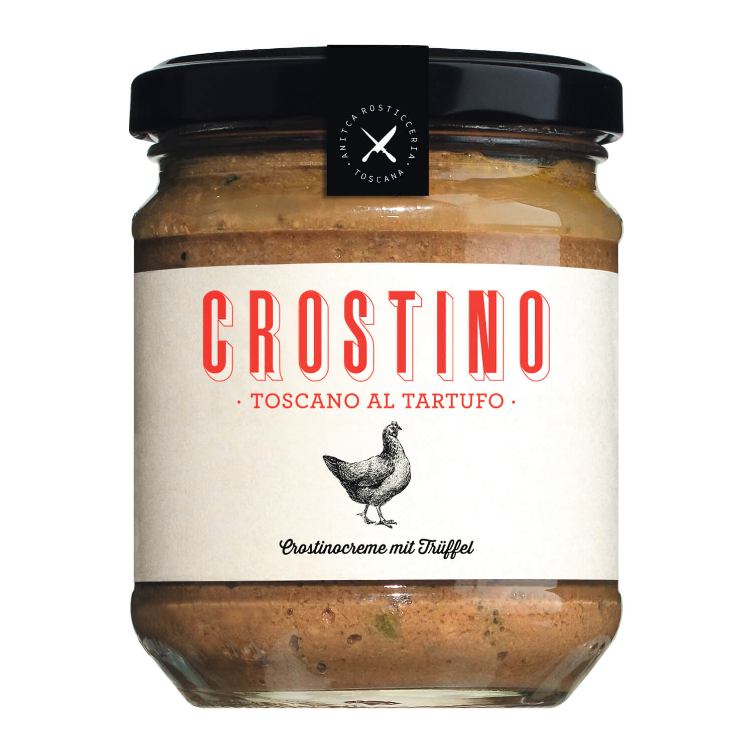 Ein Glas Wildspezialitäten Crostinicreme mit feinen Sommertrüffeln, 180 g, mit einem weißen Etikett und schwarzem Deckel.