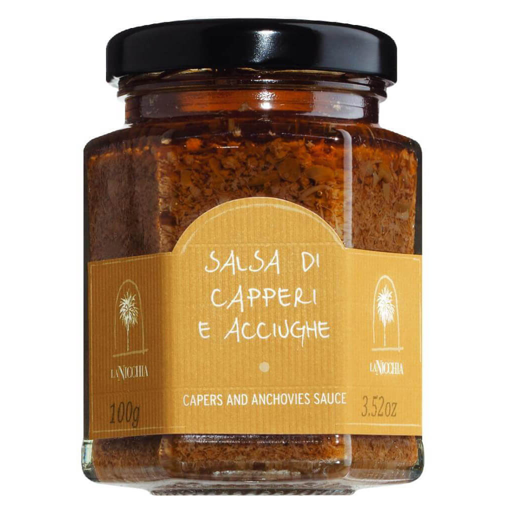 Ein 100-g-Glas La Nicchia Salsa di Capperi e Acciughe (Kapern- und Sardellensauce).