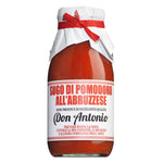 Ein 240-ml-Glas der Don Antonio srl Sugo all'Abruzzese Kirschtomatensauce nach Abbruzzer Art mit weißem Etikett und roter Schleife.