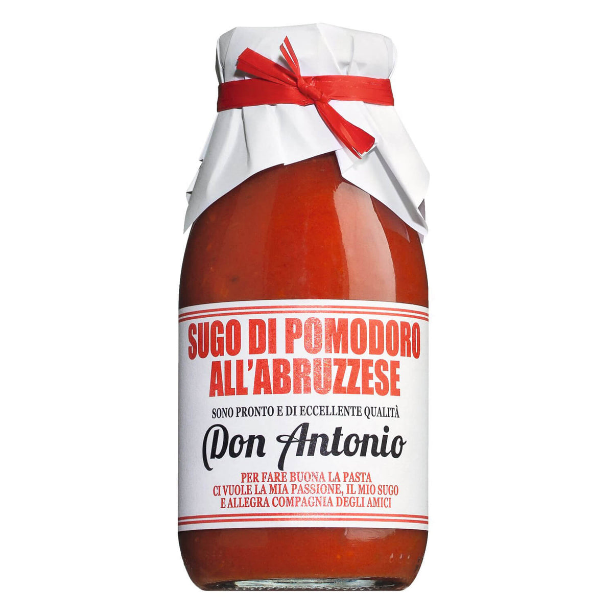 Ein 240-ml-Glas der Don Antonio srl Sugo all'Abruzzese Kirschtomatensauce nach Abbruzzer Art mit weißem Etikett und roter Schleife.