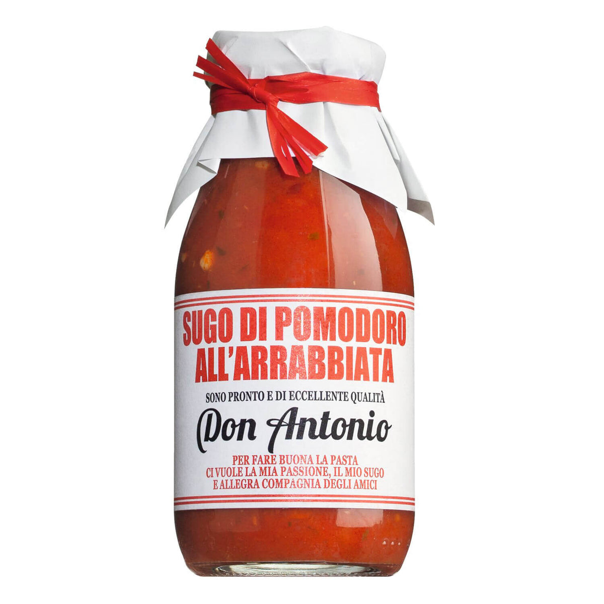 Ein 240-ml-Glas Don Antonio Sugo all'arrabbiata - Tomatensoße mit Kirschen und Peperoncino - von Don Antonio srl.