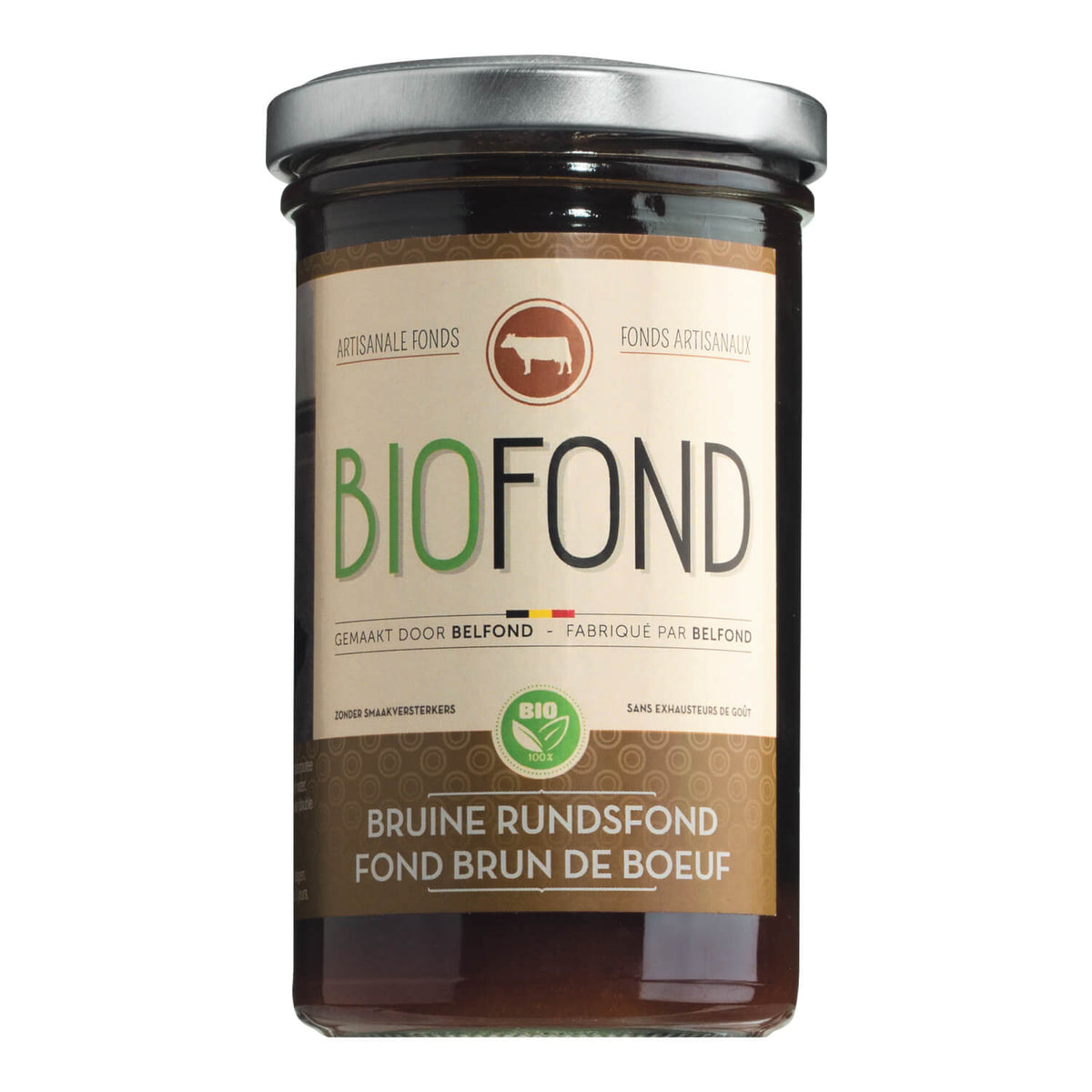 Ein 240-ml-Glas mit Belfond Dunkler Rinderfond Bio Rinderbrühe mit beigem Etikett und schwarzem Deckel.