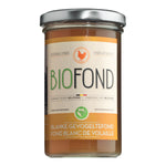 Ein 240-ml-Glas von Belfond Hühnerfond Bio Bio-Geflügelfond mit beige-orangem Etikett und silbernem Deckel der Marke Belfond.