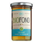Ein 240-ml-Glasgefäß von Belfond Fischfond Bio mit blauem Etikett und silbernem Deckel.