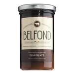 Ein 240-ml-Glas mit Belfond Demi Glace von Belfond, mit beigem Etikett und silbernem Deckel.