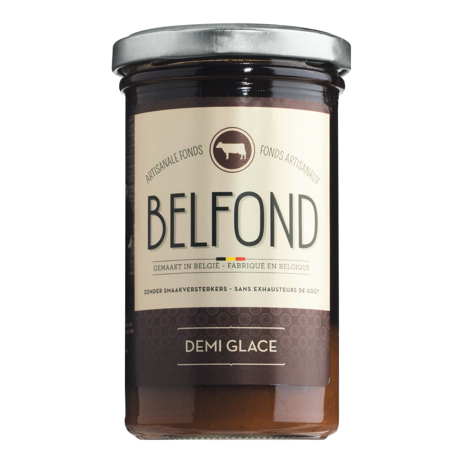Ein 240-ml-Glas mit Belfond Demi Glace von Belfond, mit beigem Etikett und silbernem Deckel.