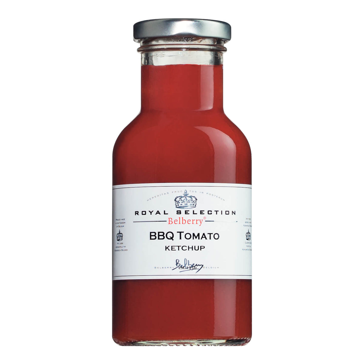 Eine 250-ml-Glasflasche Belberry BBQ Tomatenketchup mit einem silbernen Verschluss auf weißem Hintergrund.