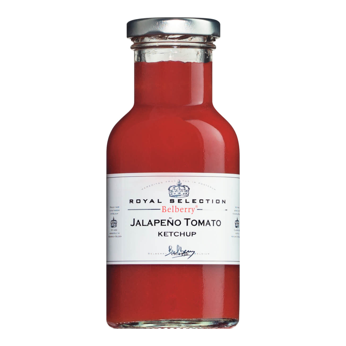 Eine 250 ml Glasflasche Belberry Jalapeno Tomatenketchup mit Chili mit silbernem Verschluss und weißem Etikett.