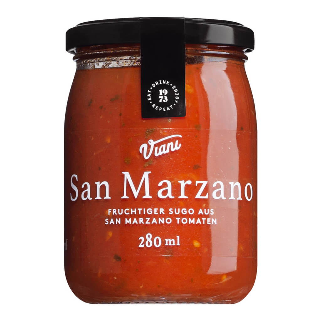 Ein 280 g Glas von Viani & Co. Fruchtiger Sugo aus San Marzano Tomaten mit schwarzem Deckel und deutscher Aufschrift.
