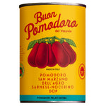 Eine 400 g Dose Il pomodoro più buono San Marzano Tomaten geschält DOP - handgeerntete Top-Qualität, mit roten Tomaten auf einem gelben Etikett.