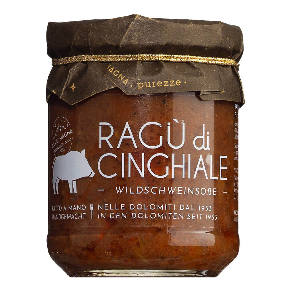Ein 190-g-Glas mit Alpe Magna Ragù di cinghiale - Wildschwein-Ragout, mit braunem Papierdeckel und weißem Etikett.