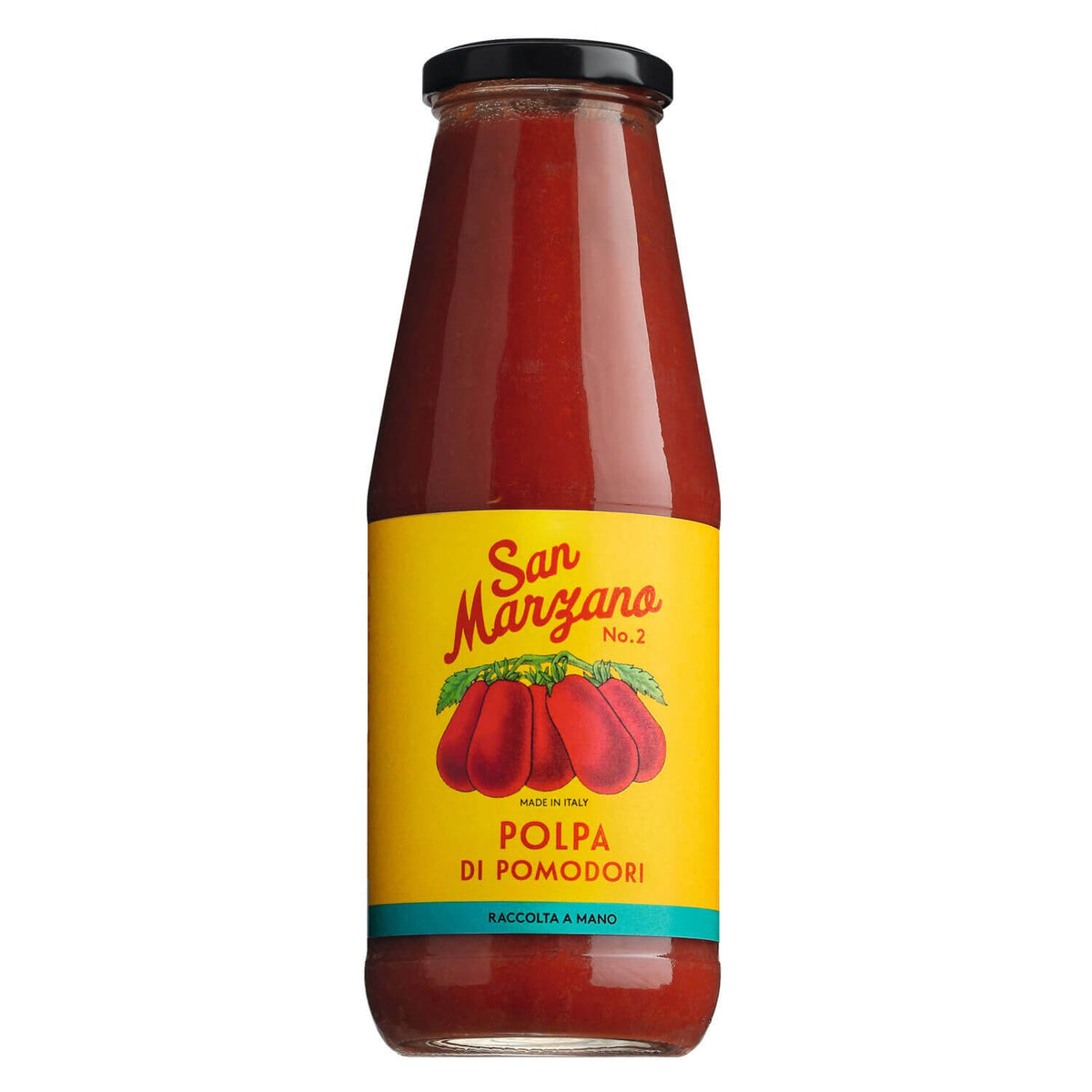 Eine 720-ml-Glasflasche von Il pomodoro più buono Polpa di Pomodoro aus San Marzano Tomaten mit gelbem Etikett und roten Tomatenmotiven.