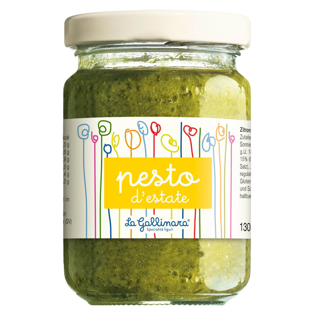 Ein 130-g-Glas Pesto d'estate mit Oliven und Zitronen von La Gallinara s.r.l. mit einem farbenfrohen, modernen Etikett und einem leuchtend grünen Pesto im Inneren.