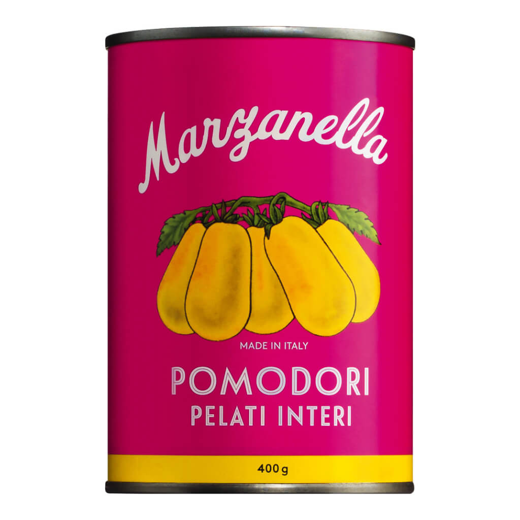 Eine 400-g-Dose Il pomodoro più buono Gelbe Tomaten Marzanella - limitierte Spitzenqualität mit einem leuchtend rosa Etikett und einer Tomatenabbildung.
