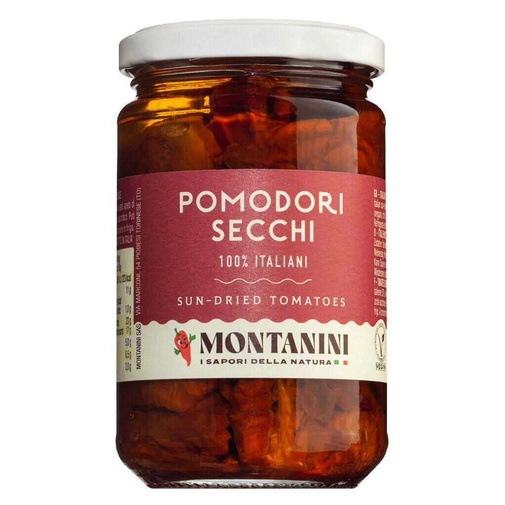 Ein 280-g-Glas Montanini Tomaten getrocknet in Öl (sonnengetrocknete Tomaten in Öl).