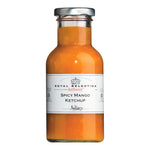 Eine Klarglasflasche von Belberry Spicy Mango Gourmet Sauce (pikante Feinschmeckersauce), 250 ml, mit weißem Etikett und Metallverschluss.