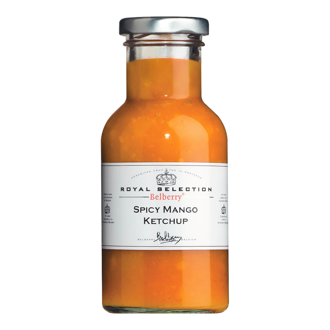 Eine Klarglasflasche von Belberry Spicy Mango Gourmet Sauce (pikante Feinschmeckersauce), 250 ml, mit weißem Etikett und Metallverschluss.