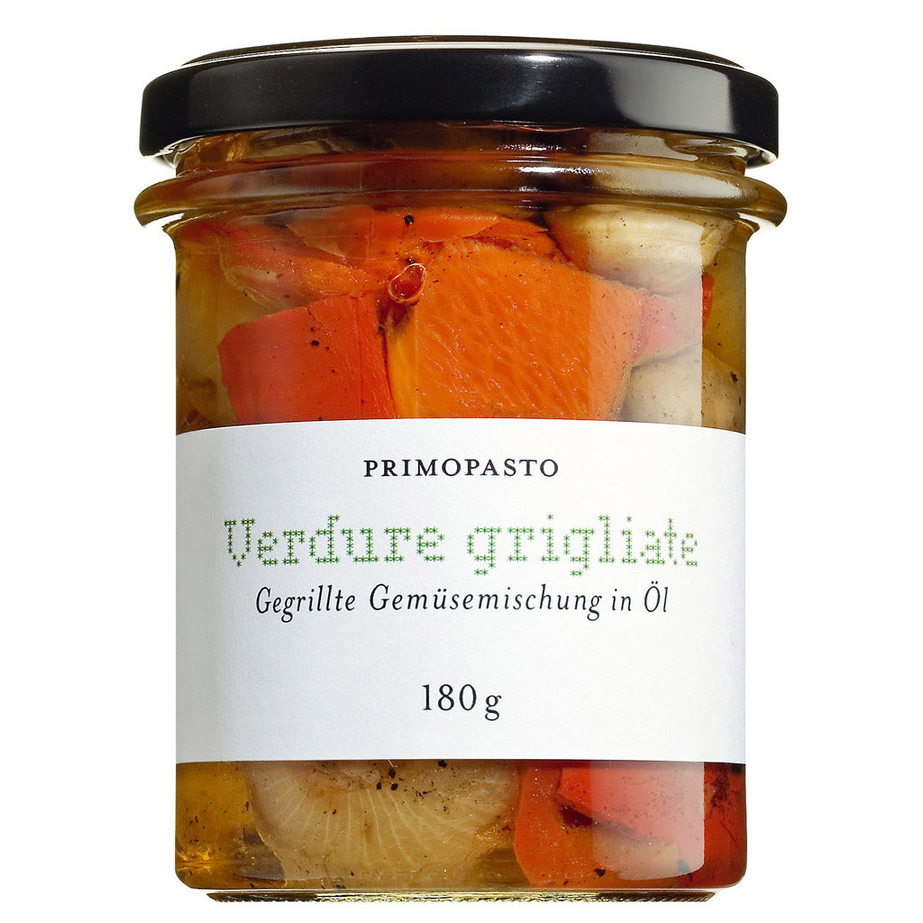 Ein 180-g-Glas Primopasto Verdure Grigliate-gegrillte Gemüsemischung in Öl mit weißem Etikett.