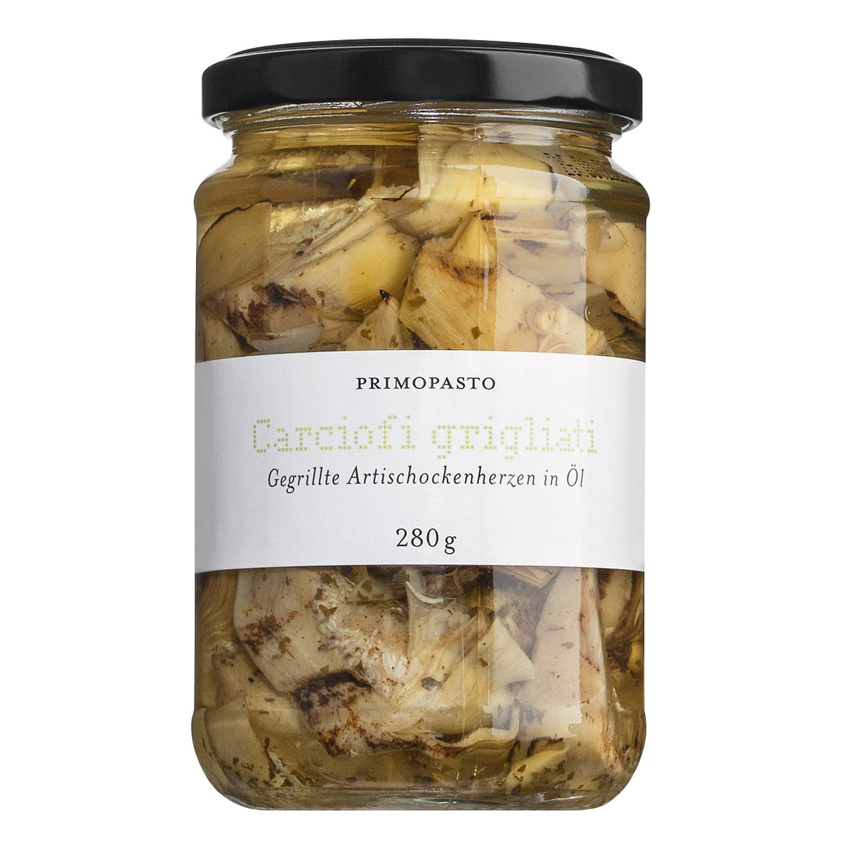 Ein Glas Primopasto Artischocken gespalten & gegrillt, 280 g, mit einem weißen Etikett.