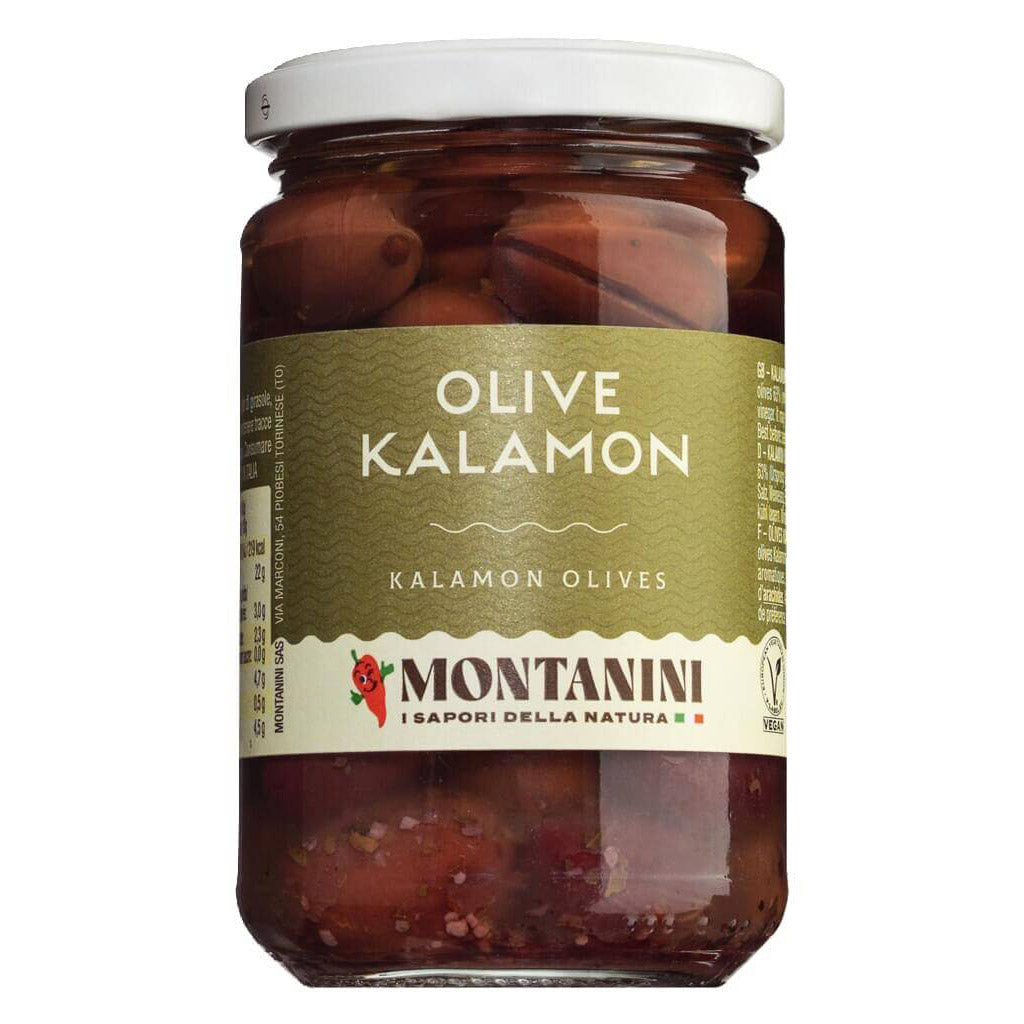 Ein 280-g-Glas Schwarze Kalamata Oliven von Montanini mit grün-weißem Etikett.