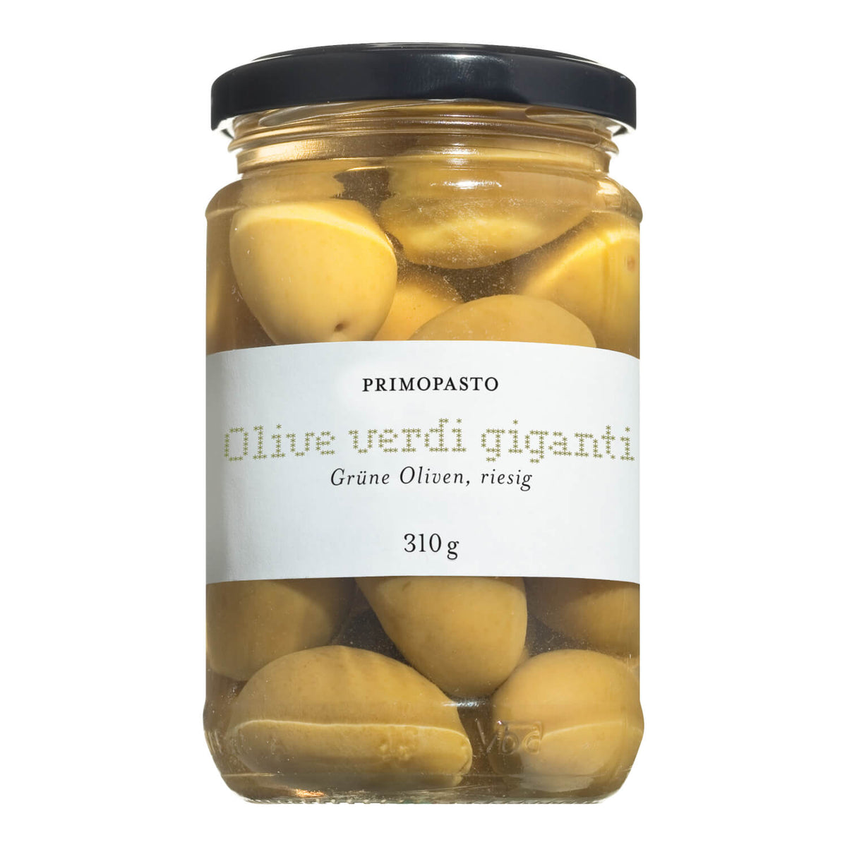 Ein 310g-Glas mit Primopasto Grüne Oliven - Olive verdi giganti, mit großen, fleischigen grünen Oliven.