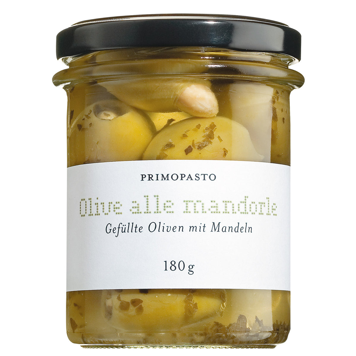 Ein 180-g-Glas mit Primopasto Olive verdi con mandorle-gefüllte grüne Oliven mit Mandeln.