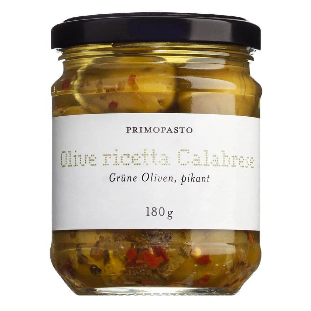 Ein 180g-Glas Primopasto Olive ricetta Calabrese - pikante grüne Oliven mit Chili.