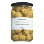 Ein 300 g Glas mit Primopasto Grüne Oliven - Olive verdi, mild & entsteint, mit schwarzem Deckel und weißem Etikett.