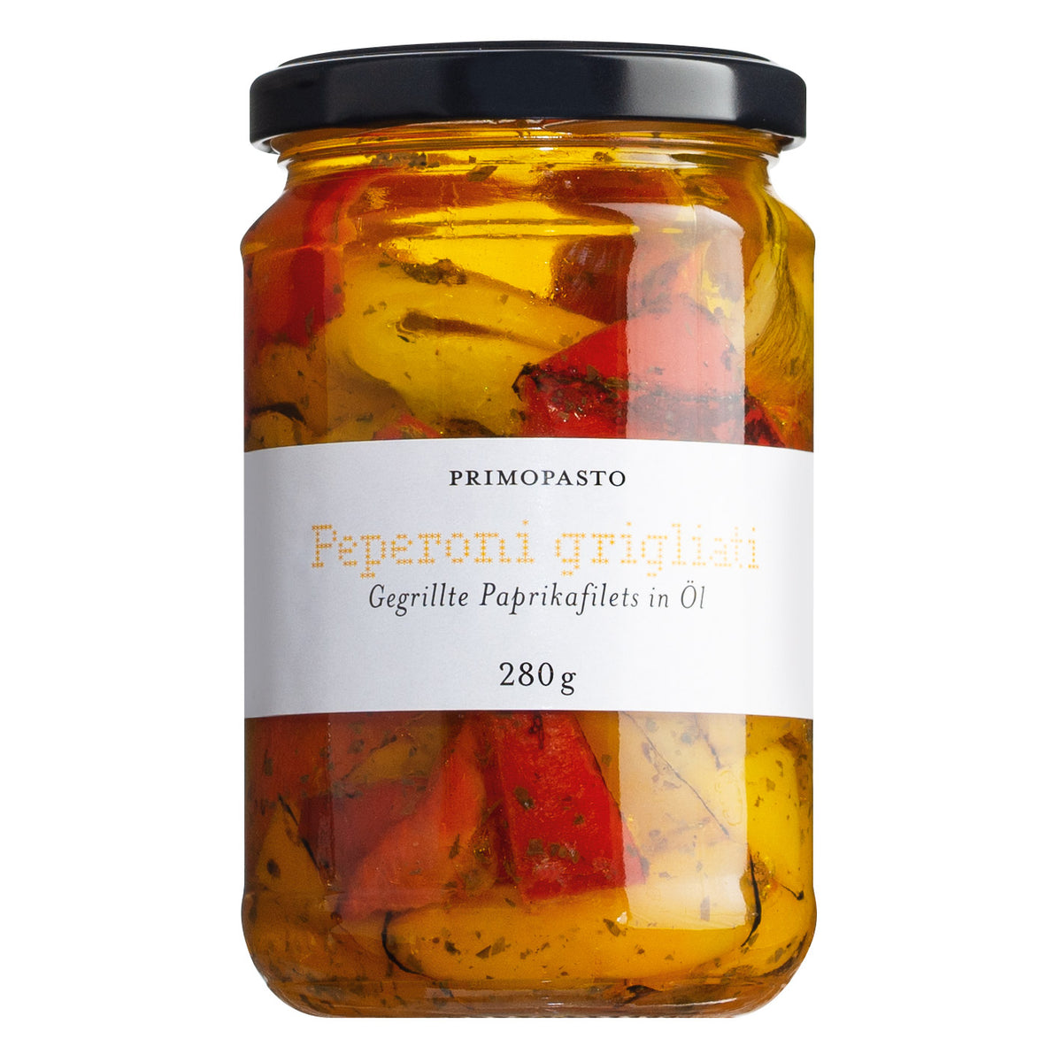 Ein 280g-Glas Primopasto Peperoni Grigliati - gegrillte Paprikafilets in Öl.