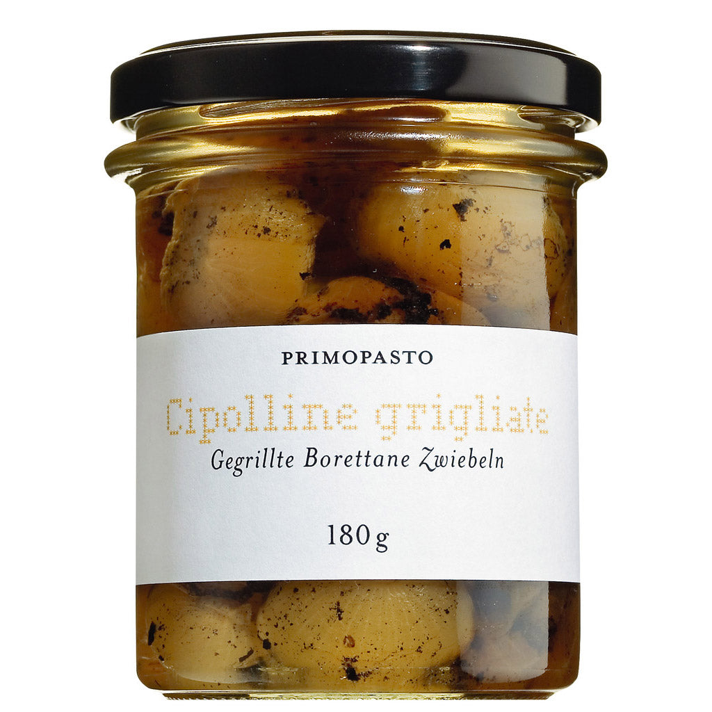 Ein 180-g-Glas Primopasto Cipolline Grigliate - gegrillte Borettane Zwiebeln mit weißem Etikett.