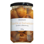 Primopasto Cipolle Borettane in Aceto balsamico di Modena IGP (Balsamico-Zwiebeln), 300g-Glas mit weißem Etikett und schwarzem Deckel.
