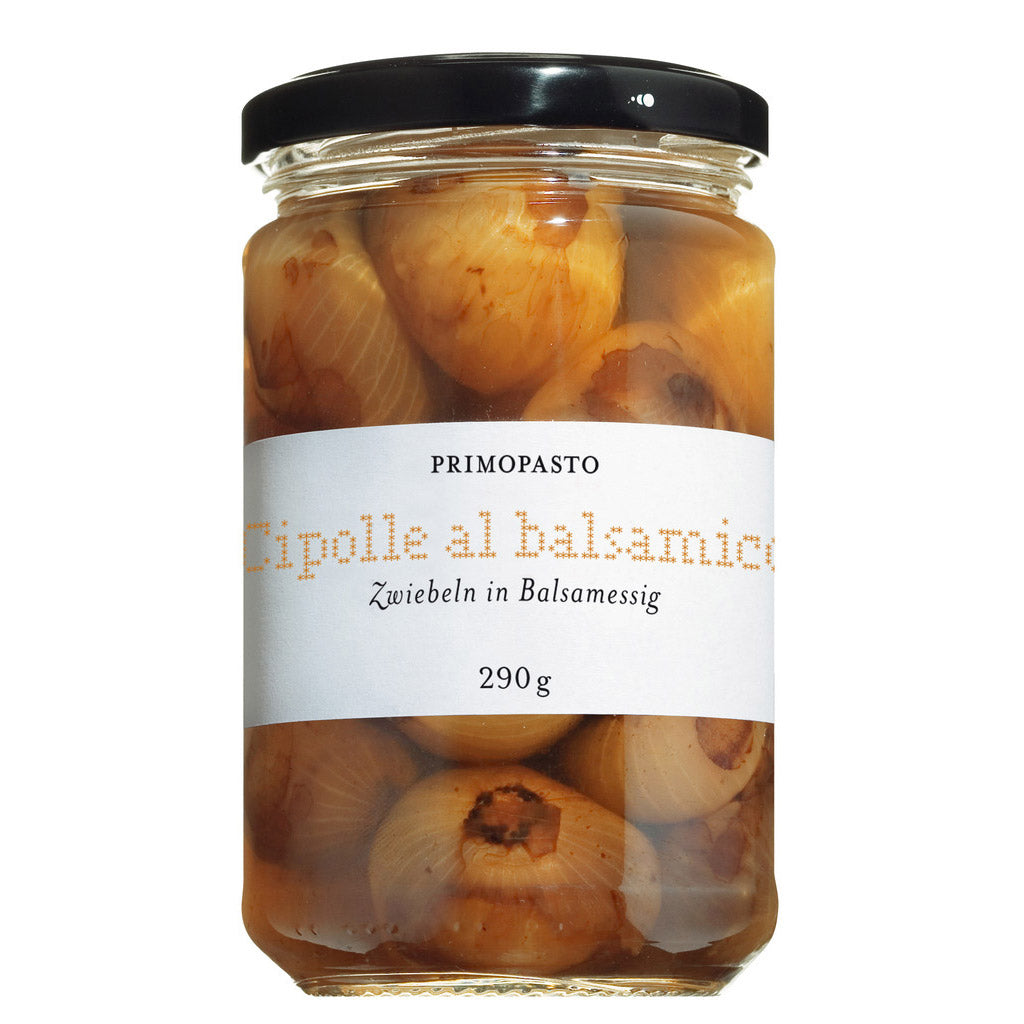 Primopasto Cipolle Borettane in Aceto balsamico di Modena IGP (Balsamico-Zwiebeln), 300g-Glas mit weißem Etikett und schwarzem Deckel.