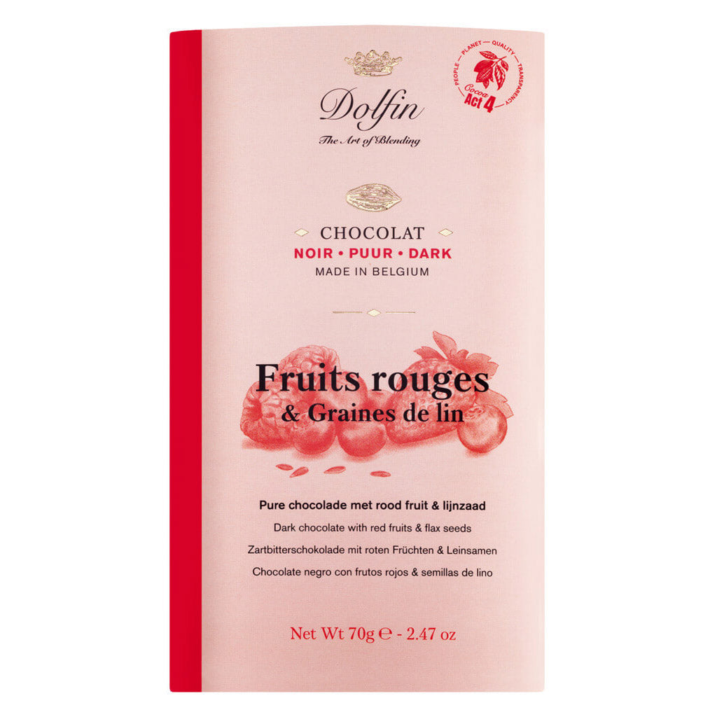 Rosa Deckblatt mit der Aufschrift Dolfin Schokolade Zartbitterschokolade mit roten Beeren & Leinsamen, 70g, hergestellt in Belgien.