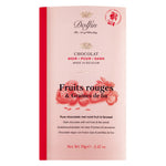 Rosa Deckblatt mit der Aufschrift Dolfin Schokolade Zartbitterschokolade mit roten Beeren & Leinsamen, 70g, hergestellt in Belgien.