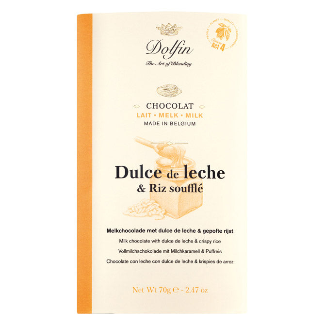 Vorderseite eines Dolfin-Schokoriegels mit mehrsprachiger Aufschrift: "Dolfin Vollmilchschokolade mit Milchcreme & Puffreis, 70 g".