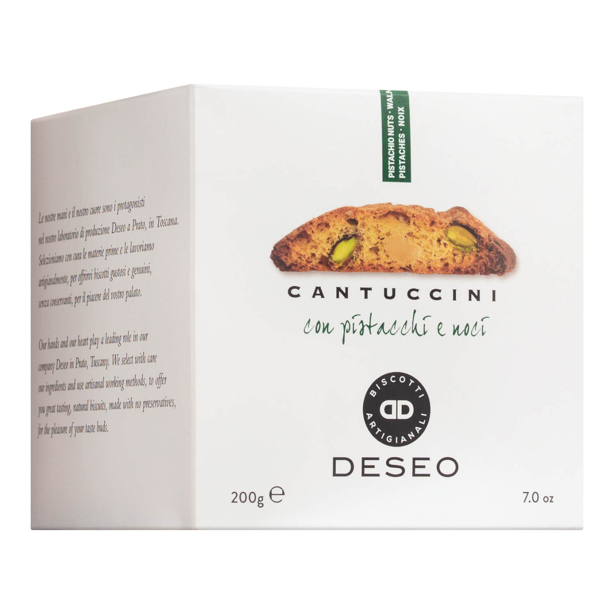 Die weiße Schachtel DESEO Cantuccini - Mandelgebäck mit Walnuss & Pistazien, 200 g, zeigt ein Keksbild und einen Produkttext.