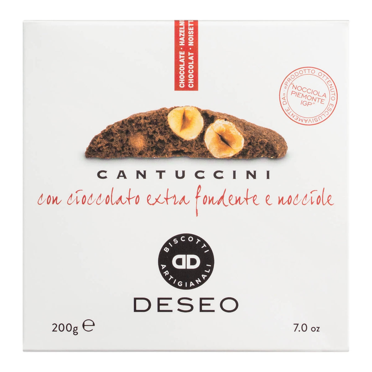 DESEO Cantuccini mit Haselnüssen & Schokolade, 200 g - Box zeigt das Keks-Motiv auf der Vorderseite.