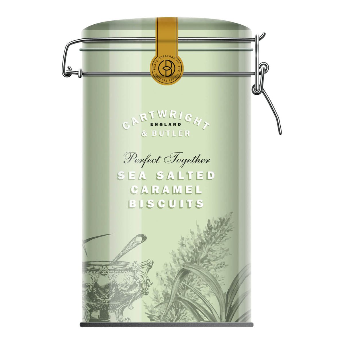 Große grüne Dose mit Goldverschluss mit Gesalzenem Karamellgebäck von Cartwright & Butler, 200 g.