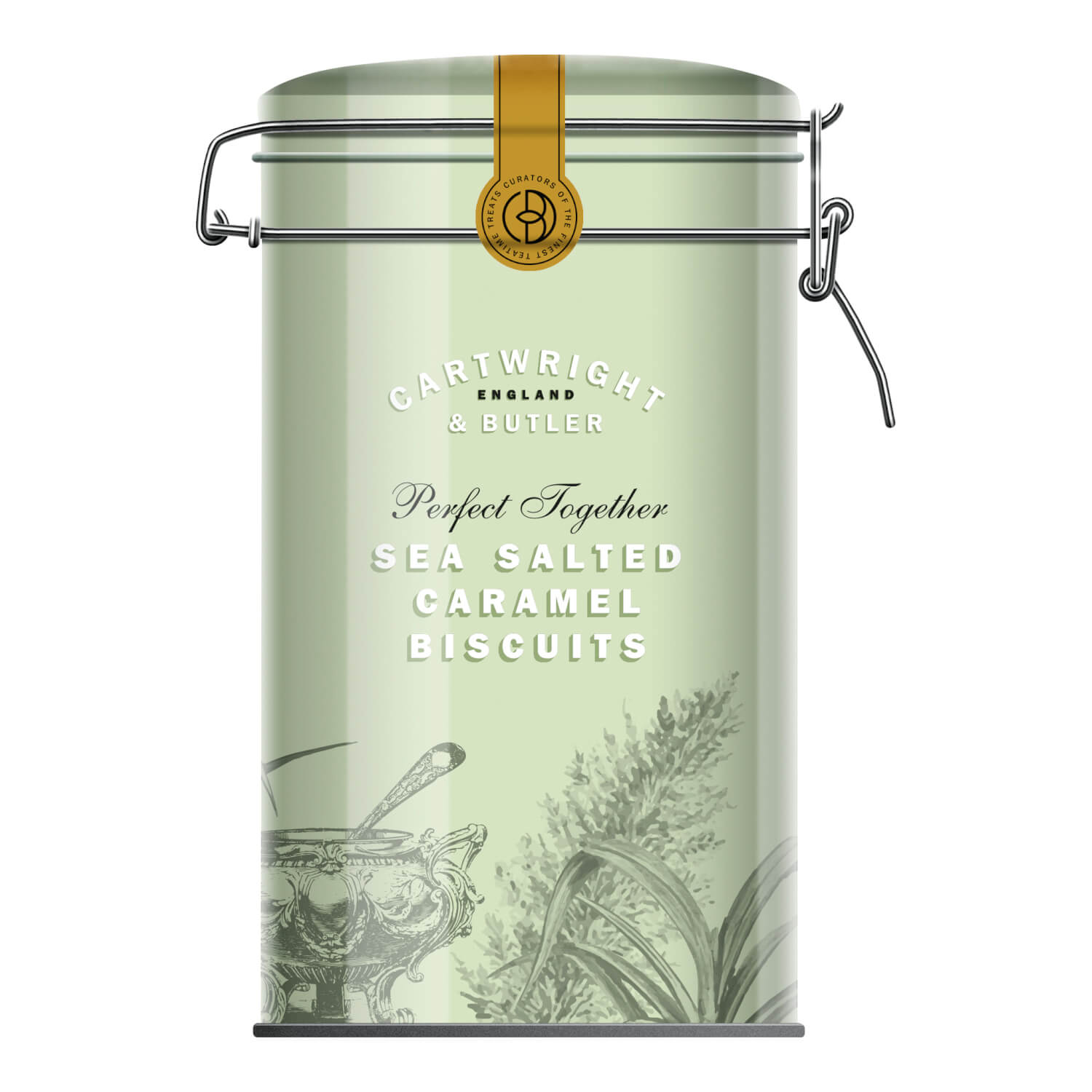 Große grüne Dose mit Goldverschluss mit Gesalzenem Karamellgebäck von Cartwright & Butler, 200 g.