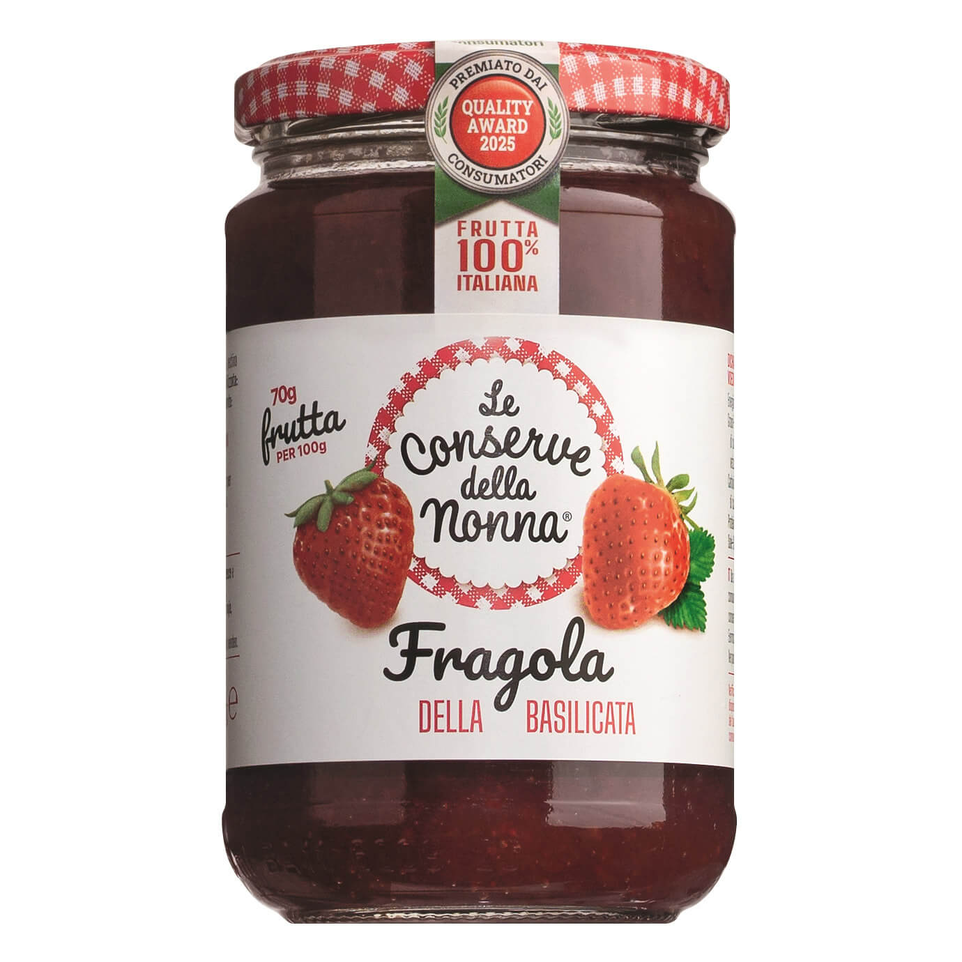 Ein 330-g-Glas Le conserve della nonna s.r.l. Erdbeerkonfitüre aus Camarosaerdbeeren mit einem Deckel aus rotem Gingham und Erdbeerabbildungen.