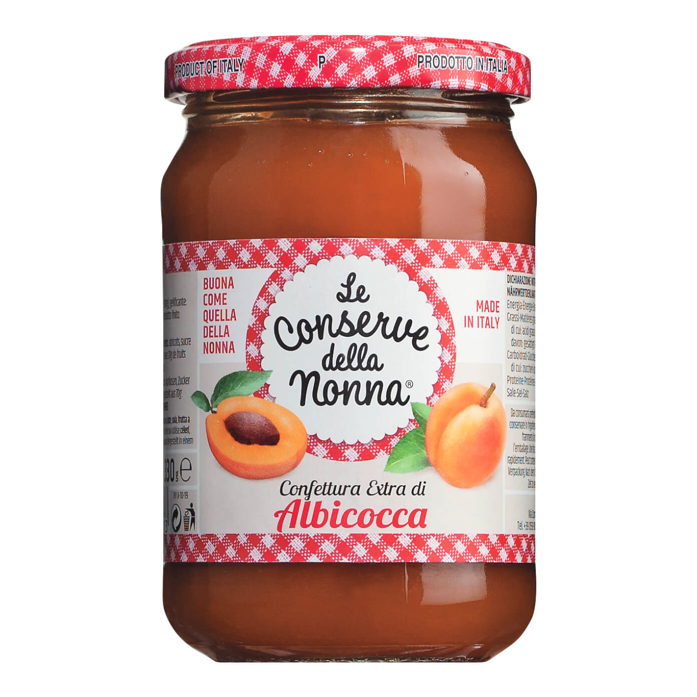 Ein 330-g-Glas der Aprikosenkonfitüre Le conserve della nonna s.r.l. mit Abbildungen von Aprikosen auf einem weiß-roten Etikett.
