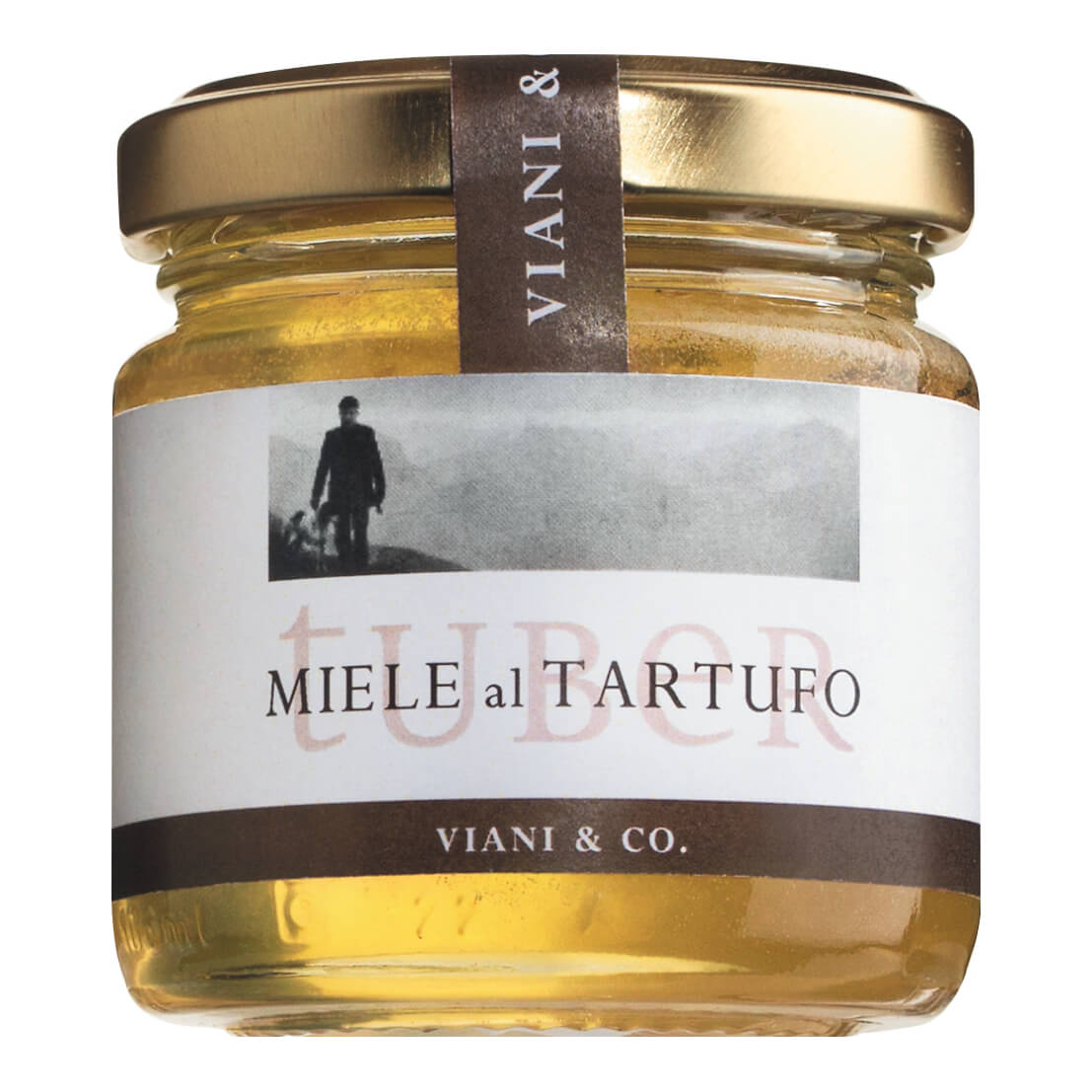 Ein 120-g-Glas Viani & Co. Miele al Tartufo, aromatischer Piemont-Honig mit Trüffel, mit goldenem Deckel und einem Etikett mit Schwarz-Weiß-Foto.