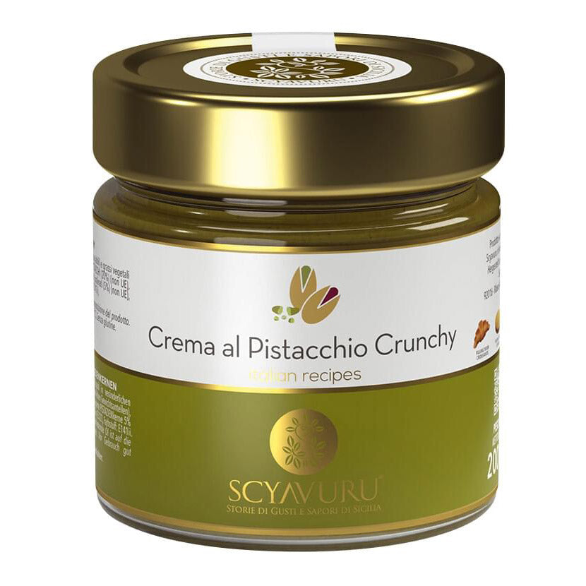 Ein 200-g-Glas Pistaziencreme Crunchy von Scyavuru by Accademia Agricole Scyavuru s.r.l., eine italienische knusprige Pistaziencreme.